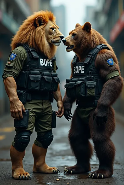 Full body photo lion and bear equipped in Bopes clothing