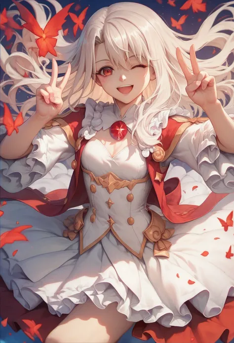 score_9, score_8_up, score_7_up, (masterpiece, best quality, very aesthetic, ultra detailed), intricate details, 1girl, illyasviel von einzbern, fate (series), white hair, red eyes, one eye closed, open mouth, skirt, double v, smile,