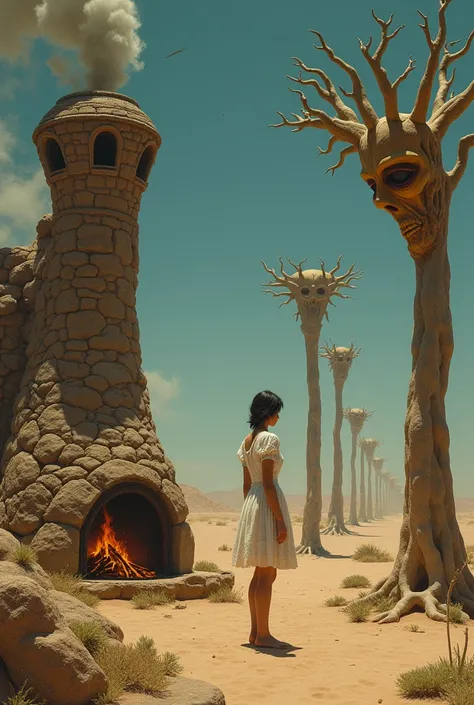 Surrealism style: A wood burning fireplace over desert landscape with strange, twisted  maskherade trees, a beautiful woman in short dress waits for a steam train