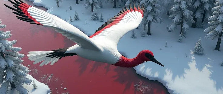 Majestic White Crane Creature, Black and Red Markings, flying over a frozen river, red ice, black and red tundra background, (black snow, red snow:2.3)