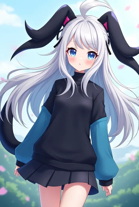 a human anime-style girl with blue eyes and white hair who has Umbreons dark ears and tail and Sylveons ribbons and wears a black and blue sweatshirt and skirt, 