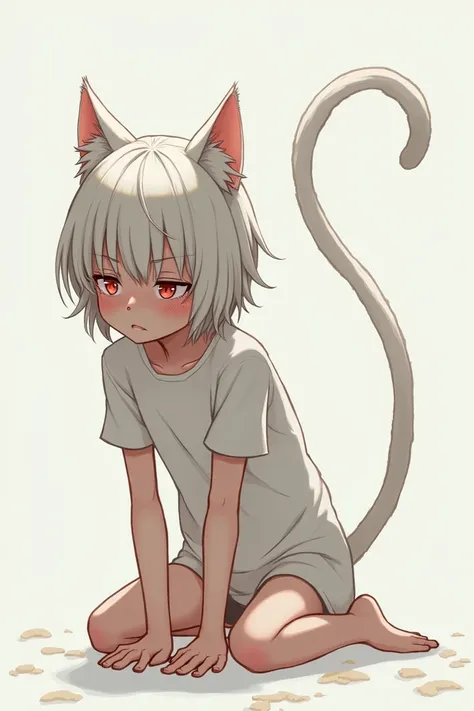 A girl with short, white hair, cat ears and a cat tail streaching like a cat with a slight blush on her face and tears in the corners of her eyes.  her position is that on all fours with her head close to the ground and touching the palms of her hands whic...