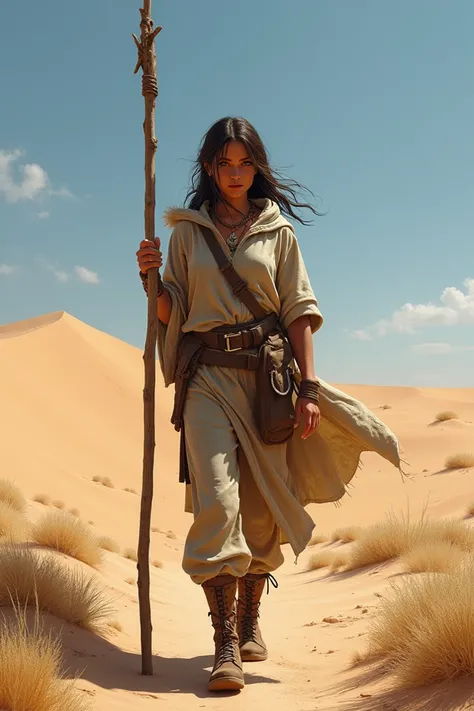 Woman leaving the desert with a staff and dressed in desert clothes 