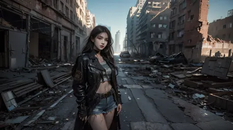 masterpiece, High Resolution ,8K,(Portrait Photos:1.5),(R Original Photo),Reality,Digital Photography,(Apocalyptic ruins ),City ruins，beautiful 20 year old woman，sentry， post-apocalyptic scene，Medium distance photography， torn clothes 