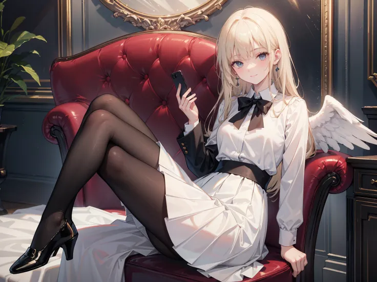 (( masterpiece )), (Smooth skin ), ((high detail)),    won the Best Quality Award  , 8K,     pretty girl ,    suit jacket， White Shirt ， black pleated skirt   ,    Black Pantyhose , Black leather shoes,   soft smile，Smile gently， full body portrait，   sitt...