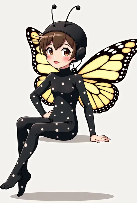 The beautiful Asian ADHD teenager boy with most handsome cheeks and a thinest body wears black butterfly lycra turtleneck unitard catsuit covered with many white seamless polkadots with a pair of colourful butterfly wings and always wearing black lycra inn...