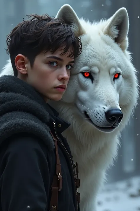 17-year-old boy with dark brown hair pale tan dark gray eyes with a long face with a white-eyed wolf with red eyes Game of Thrones style 