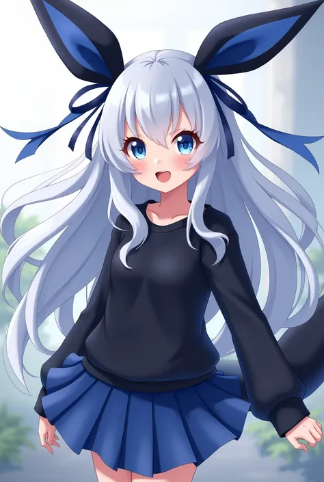 a human anime-style girl with blue eyes and white hair who has Umbreons dark ears and tail and Sylveons ribbons and wears a black and blue sweatshirt and skirt, 