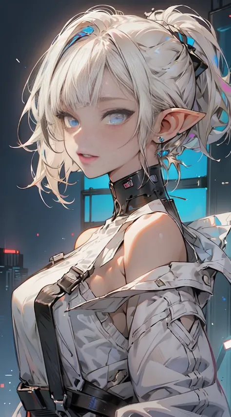 (1 girl), (beauty elf), Ordinary worker, big breasts, perfect body, overalls, light smile, fresh, messy, (asymmetrical bangs:1.3), ponytail hair, highly detailed face and eyes, Perfect lips, (white blonde hair, Deep Blue Eyes:1.2), cyberpunk, sci-fi, tech ...