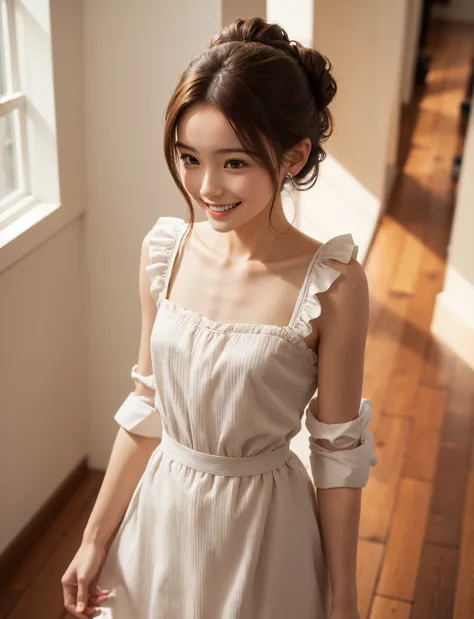 maid,cute pretty girl,masterpiece,high definition,4k,8k,16k,chignon hair,brown hair,skinny,thin body,smile