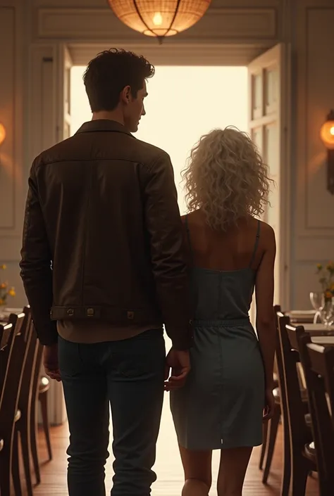 Tall brown man with short brown hair wears a leather jacket a woman with white curly hair she also enters the house is with the man and there is a dining room with several chairs