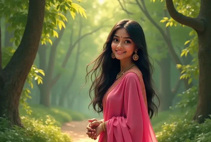 Indian girl smiling. And she wearing pink smooth saari. Girl is white. Black hair and beautiful. Backgraund green trees.