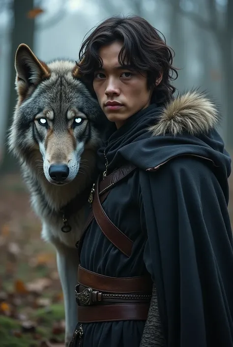 17-year-old boy with dark brown hair, pale tan, light gray eyes, long faced with a white-eyed wolf in red color medieval style Game of Thrones 