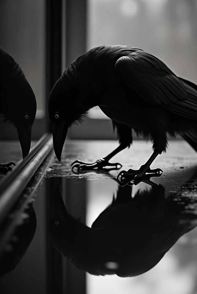 Create a crow looking at a black and white style mirror