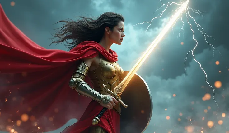  Close on a sword shining under the light of lightning . Cut for a powerful woman , dressed in red and gold,  holding a shield as strong winds shake her cloak