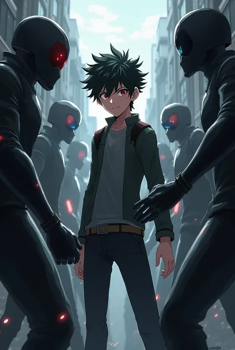 anime boy (age=21) surrounded by enemys   the frame should be 9:16 ratio