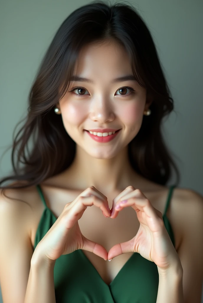 Girl, close up photo, looks real, cute face, Malaysian girl face. Green dress, long hair, Hands in the shape of love 