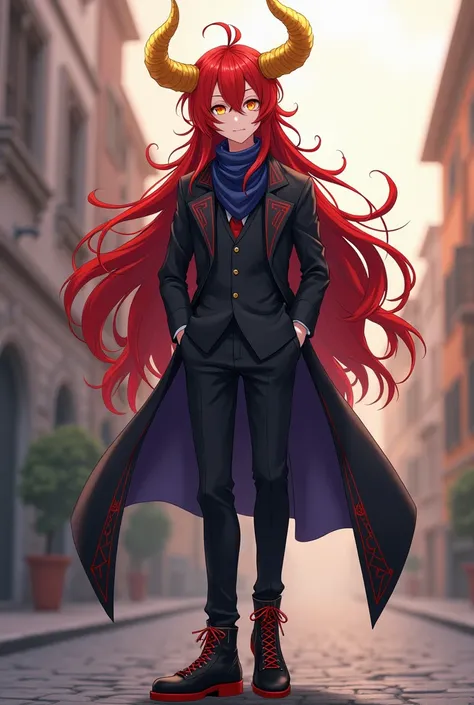 cuerpo completo, Young adult anime boy with long red hair with golden horns and yellow eyes dressed in a suit with a dark blue scarf. Wearing black boots with red stripes .