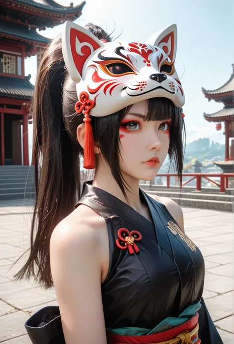 ultra realistic photo, raw photo, Realism, 3D rendering, Unity Engine, holographic, outside, with a castle,15-year-old student, 1若い girl, Very beautiful, Sparkle,1 girl,Alone,Fox Mask Template,Ninja clothing, japanese clothes,black, bare shoulders. girl, L...