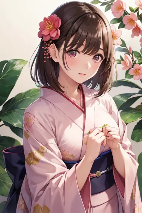 One Girl, (Beautiful girl, Delicate girl:1.3), (24-years-old:1.3),
break, (Floral print, kimono, kimono, pink kimono:1.3),
break, Very beautiful eyes, (Symmetrical eyes:1.3),
break, (Camellia flower, filled with Camellia flower, surrounded by Camellia flow...