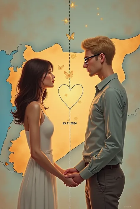  The title of the idea : " love that combines two cultures "

 The description of the painting or design :

 The main element : A girl stands with a map of Syria behind her and a young man standing in front of a map of Hungary ).

  is the Syrian girl :  S...