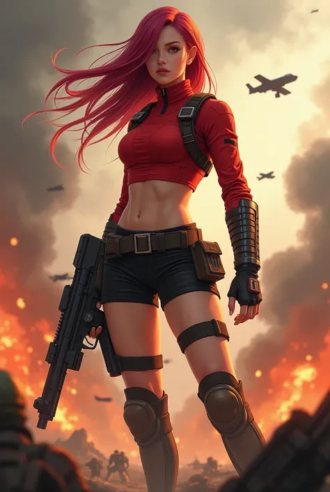 Photography,A female Taiwanese warrior with long, shiny red hair, wearing a minimalist red cropped combat suit that emphasizes her physical strength. Black shorts. She is equipped with a modern heavy weapon in her hands, a tactical belt with a storage pouc...