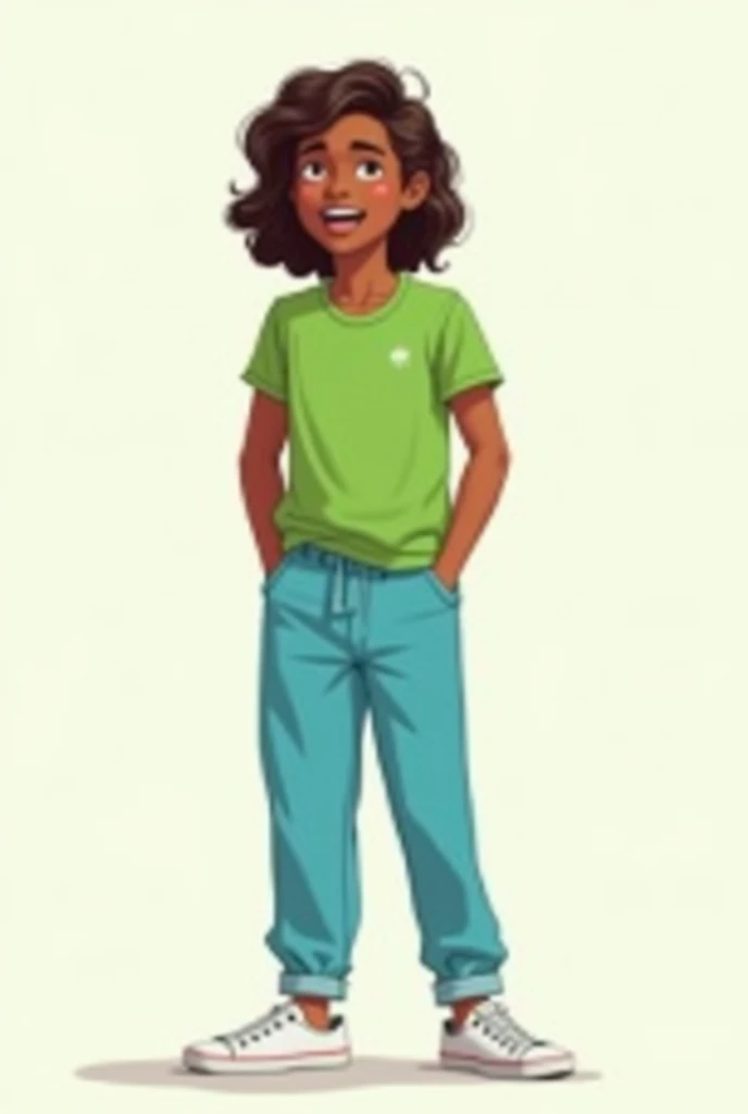 Full-length dark-skinned teenager with a green shirt and blue pants and wavy brown hair, talking, cartoon illustration, rens book illustration , cartoon style illustration ,  digital illustration,  flat illustration , big view