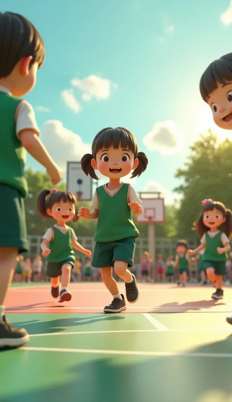 gambar diambil dari jauh, images in 3D animation, panoramic image type. kindergarten basketball court, kindergarten students wearing dark green uniforms, boys pants dark green, girls skirts dark green