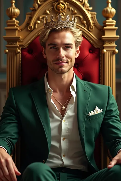 Give me a man sitting on a super attractive throne Blonde green eyes with a crown and a very pretty smile