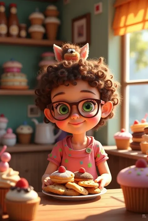  Disney Pixar Cartoon Style, a , shorty,  green eyes, wearing glasses, hair with curls in light brown color, of dress, smiling, At the pastry shop holding cookies 