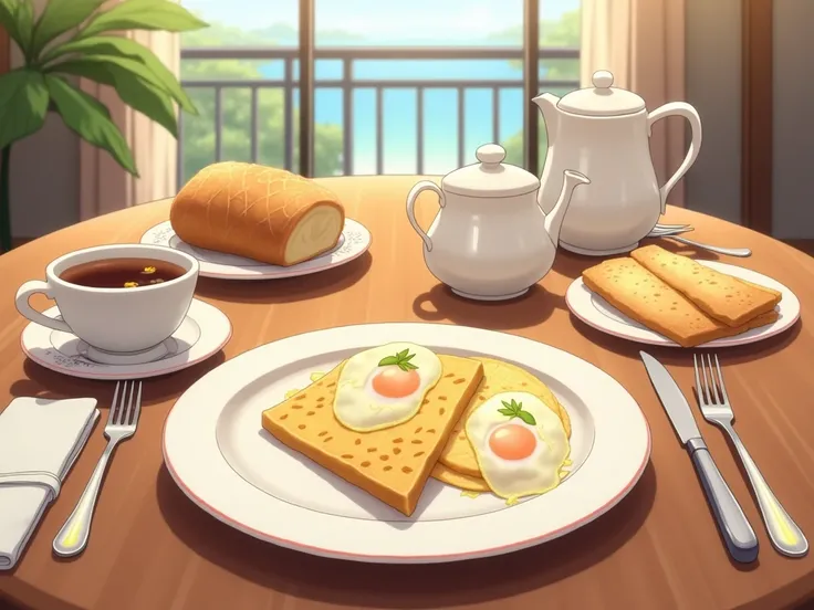 Japanese animation style, dining table, French breakfast, baguette, poached eggs, milk tea, soft light, close-up, front view, high angle shot, best quality, super high resolution, illustration, painting, animation, painting, anime