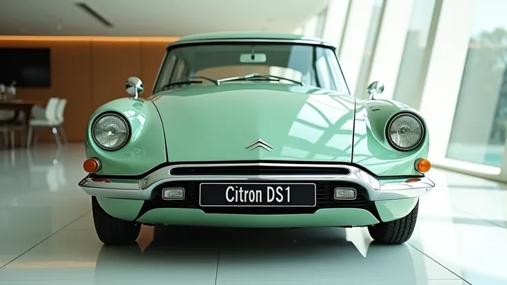 Front  view of painted light green with shiny clour 2025 Citroen Ds21 sleek in large shape musle car in classic design large size with Citroen DS21 logo on its large detailed grille in shiny white clour with angular sporty design captured from  front   vie...