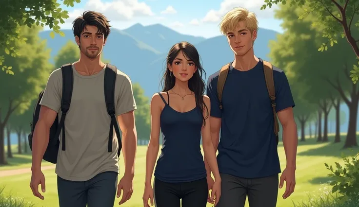 A beautiful white teenage girl with black hair tied in black pants, a navy singlet, a man walking in a park with a blond guy wearing a navy short-sleeved T-shirt, black pants, a backpack, a view of the mountains, America, bright day, realistic portrait