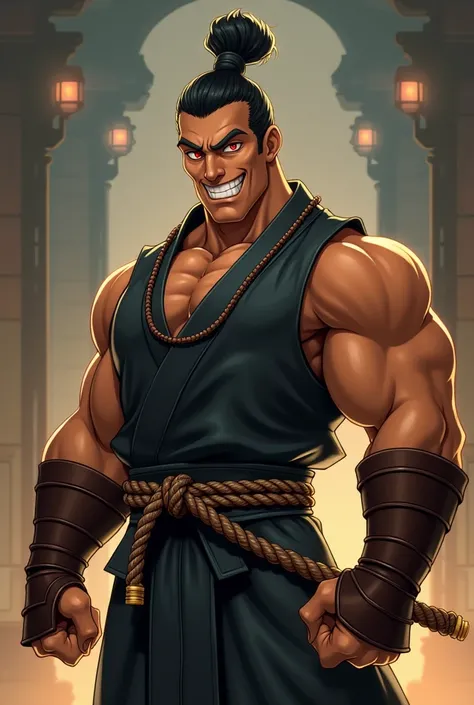 a muscular man, with tanned skin and red eyes, wearing a dark sleeveless kimono, has red hair with a pompadour, sharp and pointed teeth and brown sandals. 
with a piece of rope as a belt. Over his hands, he wears brown training gauntlets and prayer beads a...