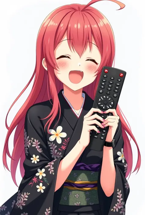 Adult woman wearing black yukata with flowers anime image with a television remote control on a white background and with a full body with an emotion of joy and embracing the TV control and with pink nails and with a black watch And presenting the control ...