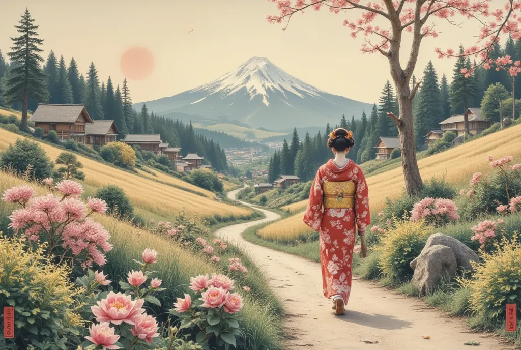 Wonderful Ukiyoe by Katsushika Hokusai. Very delicate and beautiful Pastoral Idyll painting.beautiful Rural landscape.A very beautiful and sexy Geisha lady walking along a rural lane. so many flowers