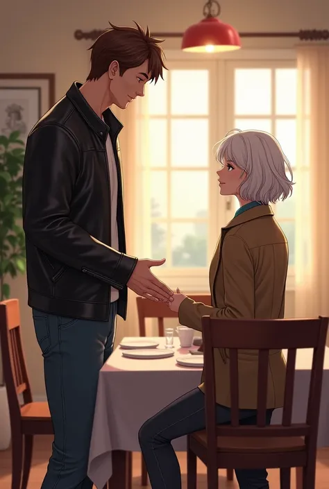 Tall brown man with short brown hair wears a black leather jacket a woman with short wavy white hair she also enters the house is with the man and there is a dining room with several chairs invites her to sit pointing to one of the chairs on the table 