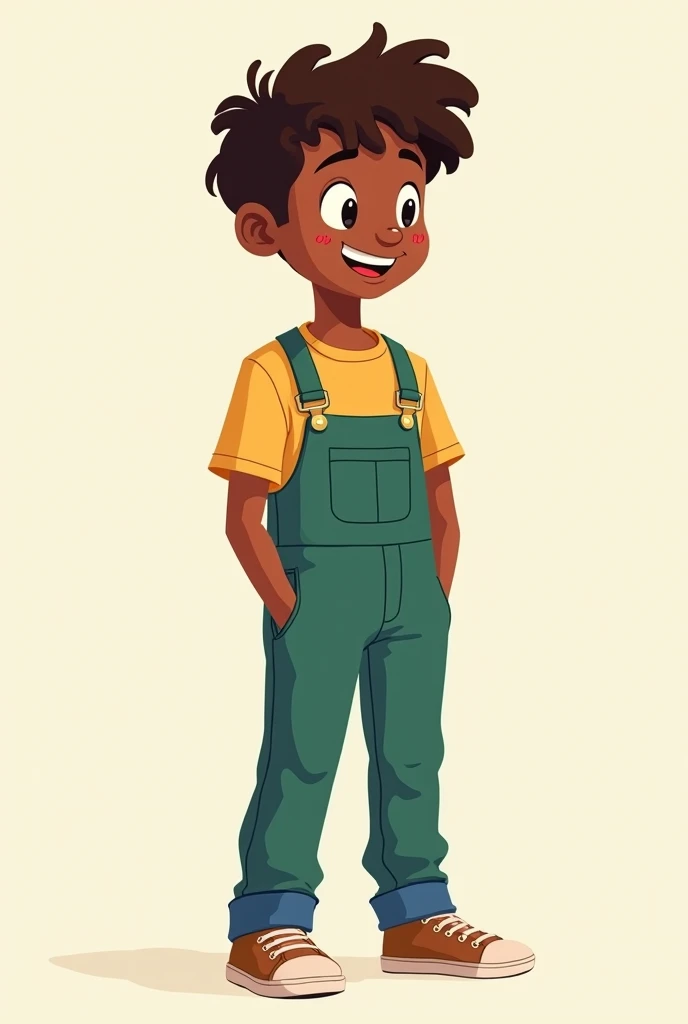 Full-length dark-skinned male teenager with a green coverall and blue pants and wavy brown hair, talking, cartoon illustration, rens book illustration , cartoon style illustration ,  digital illustration,  flat illustration , big view