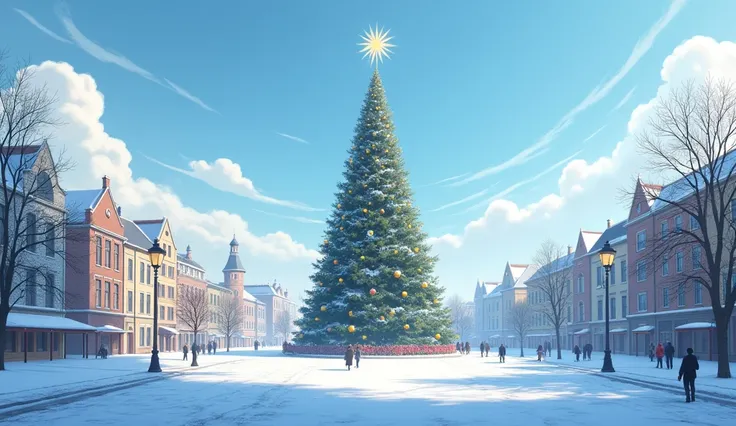 A large square with no people, a big Christmas tree. A clear sky with some clouds in a blue sky.