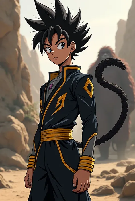 To a 16-year-old Saiyan,  black hair color costume, almost similar to Goku ,  tail but with his darker suit and some golden touches,  with less pointed hair and with his ozaru , Let him be a teenager 