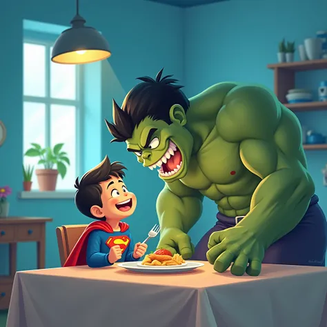 The image is a digital illustration of a young boy sitting at a table with a plate of food in front of him. The boy is wearing a Superman costume and is holding a fork in his hand. He is smiling and looking up at the boy with a big smile on his face. Behin...