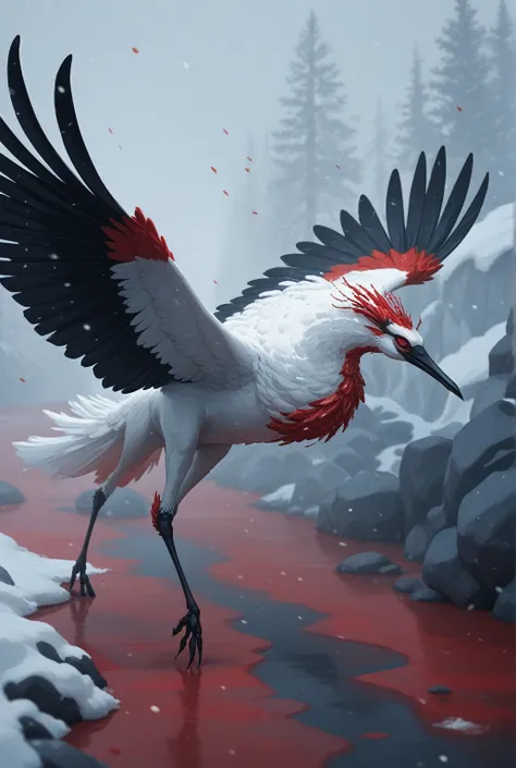 Majestic White Crane Creature, Black and Red Markings, standing next to a frozen river, red ice, black and red tundra background, (black snow, red snow:1.3)