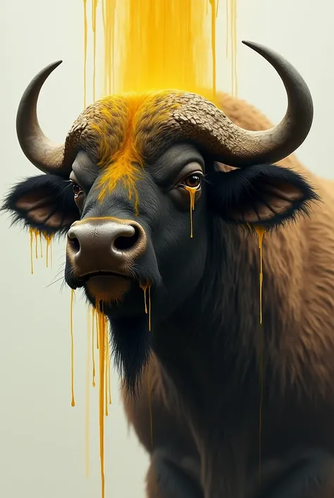 Realistic buffalo crying with tears in his eyes , while a translucent yellow stream of water falls on his face from above 
