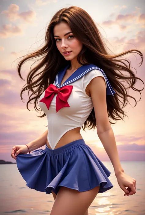 Isabella, brown hair, hazel eyes, white skin, wearing a "sailormoon"  costume 