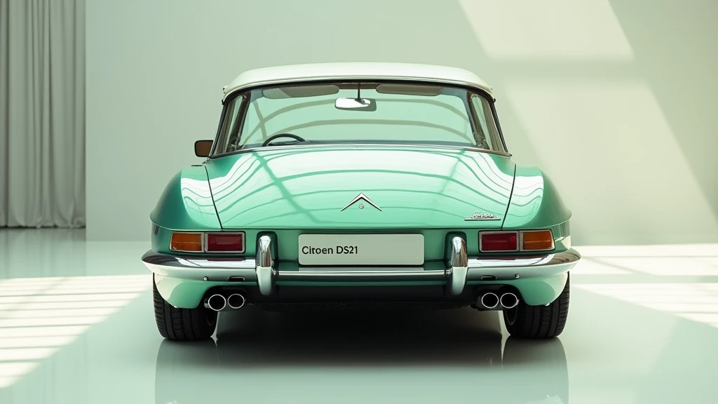 Back  view of painted light green with shiny clour 2025 Citroen Ds21 sleek in large shape musle car in classic design large size with Citroen DS21 logo on its large detailed grille in shiny white clour with angular sporty design captured from back  side   ...