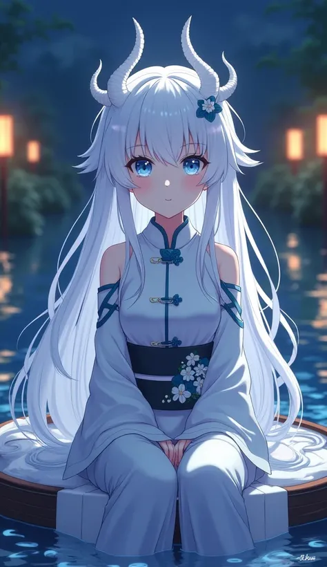 Anime , cute, blue eyes, long white hair, dragon horns. Incomparably beautiful, ivory white Tang suit. Night, river background, water plants, water lanterns, depth of field. Close-up, sitting on boat, front view, staring at camera, low angle shot. Best pic...