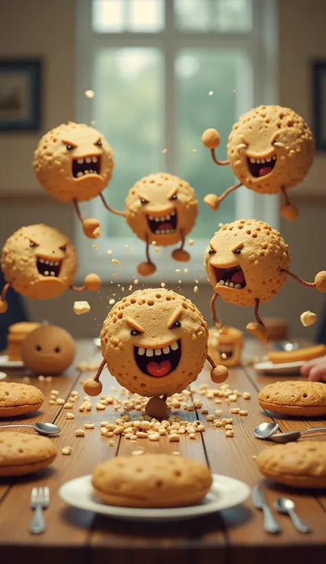  cookies and cookies ， with cute and angry expressions on them， fight at the breakfast table .  make all kinds of cookies , For example, cookies ,  flakes , cornstarch 