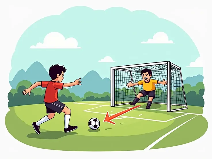 Scenery :  Draw a soccer field with a clearly visible goal in the background .  Make sure the play area is well defined so that ren can identify the context.

  in Position  :  Represent a  in a posture that suggests that he is about to kick the ball .  Hi...