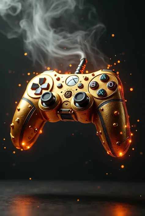  Generate detailed image of a video game console controller floating stylized with a steam-punk aesthetic with an emphasis on gold and bronze colors with exposed and incandescent resistors,  exhaust pipes releasing vapor , copper coils .