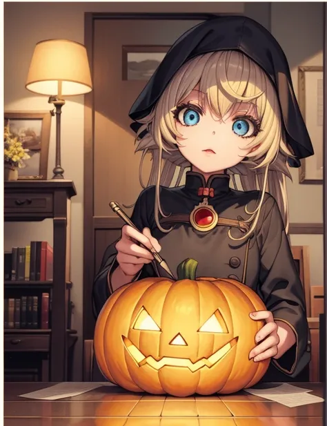 (((beautiful detailed)))(cute face:1.2)3girl,Making Halloween costumes,  jack-o-lanterns, Pumpkin, Table, Sewing, sewing machine, isometric, Fabric, ren running around covered in sheets in the background(sharp lines:1.2)(clear line:1.2)(eye details:1.3)(th...